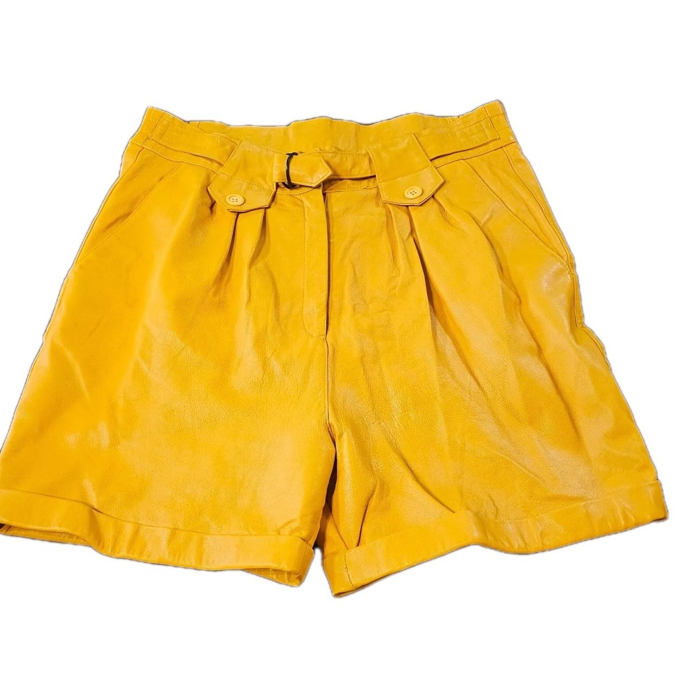 Intezar Womens Yellow Leather Bermuda Belted Shorts Size 16 High Rise Pleated